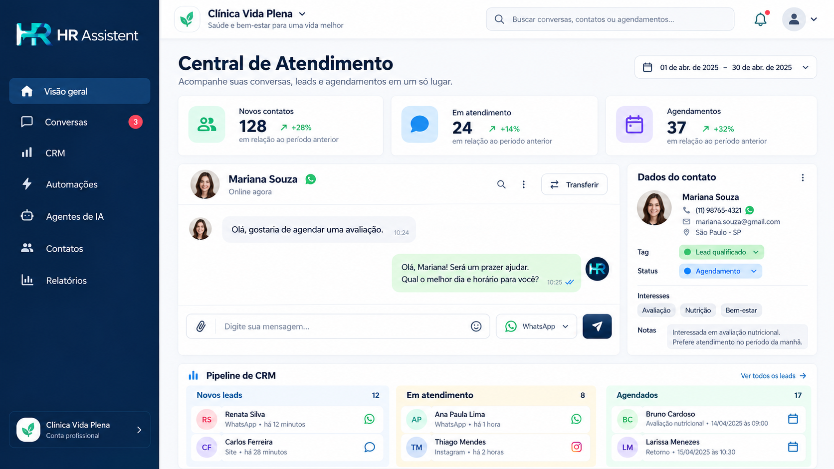 Painel demonstrativo da plataforma HR Assistent para a Clínica Vida Plena